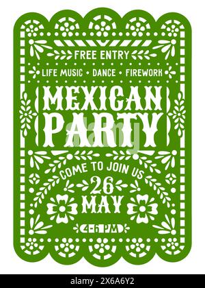 Flyer de partie mexicaine ou bannière de papier de papier picado papel coupé pour l'événement fiesta, modèle vectoriel. Dépliant d'invitation de divertissement de fête mexicaine de fond de picado de papel avec motif de fleurs coupées en papier Illustration de Vecteur