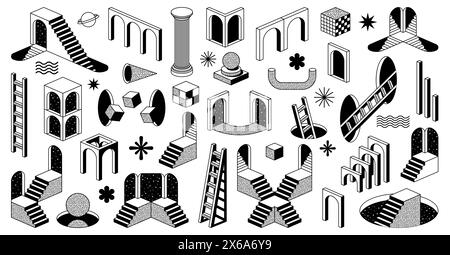 Psychédélique Trippy y2k éléments surréalistes avec escaliers et arche. Ensemble vectoriel isolé d'arcs psychédéliques monochromes, d'échelles, de fenêtres et de trous. Planètes, ciel étoilé, cubes et vagues, colonnes romaines Illustration de Vecteur