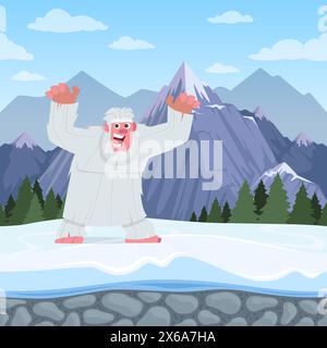 Fond de neige Bigfoot avec montagne et bigfoot personnage en colère dans la pose d'action Illustration de Vecteur