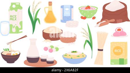 Produits à base de riz. Plantes, sushis et boissons. Nourriture traditionnelle à base de riz, porridge et bonbons. Nouilles avec œufs et baguettes. Ensemble d'ingrédients de dessin animé racé Illustration de Vecteur