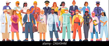Regroupez différentes professions. Travailleurs professionnels diverses professions, les gens dans l'uniforme de travail mélangeant les carrières de profession, les personnages de travail de serviteur jour de travail illustration vectorielle récente de travailleur d'emploi Illustration de Vecteur