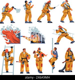 Personnages de pompiers. Pompiers personnes en uniforme de pompiers avec équipement de sauvetage, service d'urgence de pompier d'occupation de pompier professionnel, illustration vectorielle de pompier de caractère Illustration de Vecteur