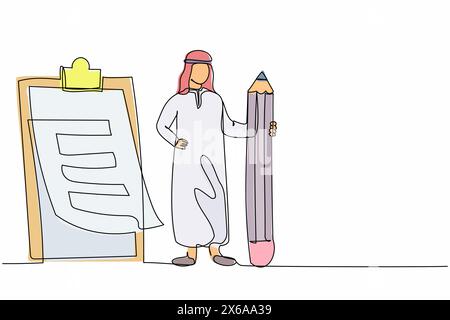 Simple ligne continue dessinant homme d'affaires arabe tenant un grand crayon regardant la liste de contrôle complète sur le presse-papiers. Plan réussite commerciale terminé Illustration de Vecteur