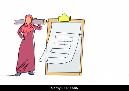 Ligne continue unique dessinant femme d'affaires arabe avec un crayon géant sur l'épaule. Tâche effectuée, presse-papiers à proximité remplir la liste de contrôle et vérifier le Illustration de Vecteur