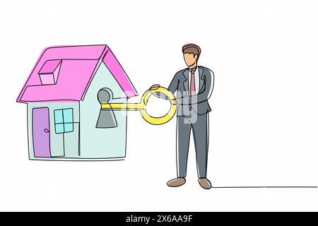 Homme d'affaires de dessin de ligne continue simple mettant la grande clé dans la maison. Les gens investissant de l'argent dans l'immobilier. Prêt de maison, concept d'hypothèque de propriété. O Illustration de Vecteur