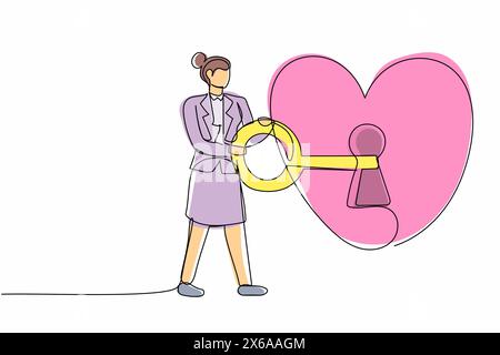 Simple ligne continue dessinant belle femme d'affaires mettant la grande clé dans le cœur. La jeune femme essaie de déverrouiller son cœur. Métaphore amour ou concept de mariage Illustration de Vecteur