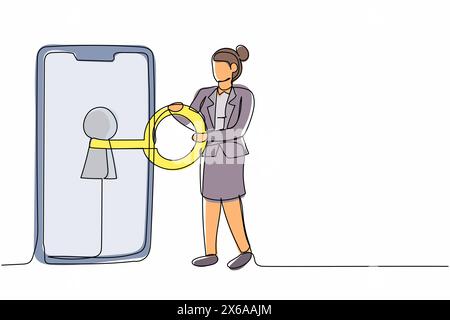 Simple une ligne dessin femme d'affaires mettre la clé dans le smartphone. Déverrouiller la protection de l'écran. Confidentialité des données pour protéger l'internaute. Sécurité du périphérique par mot de passe s Illustration de Vecteur