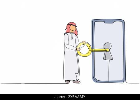 Simple une ligne dessinant homme d'affaires arabe mettant la grande clé dans le smartphone. Confidentialité des données pour protéger l'utilisateur contre les pirates informatiques. Système de sécurité par mot de passe. Continue Illustration de Vecteur