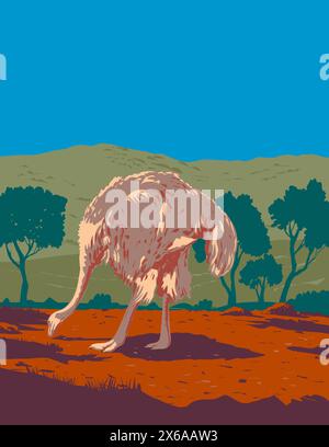 Affiche Art déco ou WPA d'une autruche commune ou d'autruche somalienne, un grand oiseau sans vol trouvé dans la région du Sahel ou savane d'acacia sahélienne d'Afrique d Illustration de Vecteur