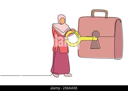 Continue d'une ligne dessinant femme d'affaires arabe mettant la clé dans la mallette. Sac de sécurité pour document secret. Portefeuille d'investissement, titres, marque boursière Illustration de Vecteur