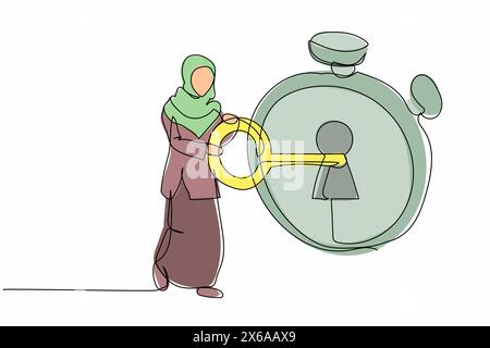 Une seule ligne dessinant une femme d'affaires arabe a mis la clé dans le chronomètre. Délai pour l'échéance du projet d'entreprise. Planification efficace pour un travail productif. Continue Illustration de Vecteur