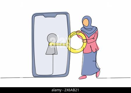 Simple une ligne dessinant une femme d'affaires arabe mettre la clé dans le smartphone. Déverrouiller la protection de l'écran. Confidentialité pour protéger l'internaute. Sécurité par mot de passe Illustration de Vecteur