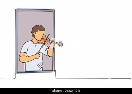 Ligne continue unique dessinant musicien masculin professionnel debout près de la fenêtre et jouant du violon dans une chambre confortable à la maison. Les gens qui restent à la maison en soi Illustration de Vecteur