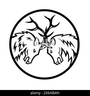 Illustration mascotte de deux wapitis taureaux, Cervus canadensis, ou wapiti dans les combats dans les têtes aboutées ornières vues de côté à l'intérieur du cercle sur isolé. Illustration de Vecteur