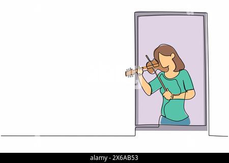 Continue d'une ligne dessinant une musicienne se tenant près de la fenêtre et jouant du violon. Jeune femme restant à domicile en quarantaine en raison d'une pandémie. S Illustration de Vecteur