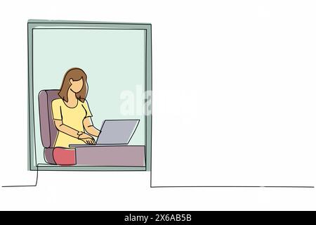Simple une ligne dessinant jeune femme travaillant de la maison près de la fenêtre avec ordinateur portable. Femme d'affaires active assise au bureau. Travail à distance ou bureau à domicile. Conti Illustration de Vecteur
