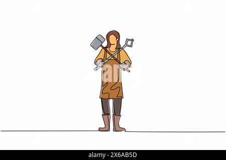 Ligne continue unique dessinant mignon forgeron féminin debout portant tablier tenant le marteau et les pinces croisées. Travail artisanal dans un atelier de métallurgie. Illustration de Vecteur