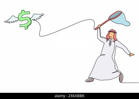 Continu une ligne dessinant l'homme d'affaires arabe essayer d'attraper le symbole de signe de dollar volant avec le filet de papillon. Le taux d'inflation augmente fortement. Méta. Métier Illustration de Vecteur