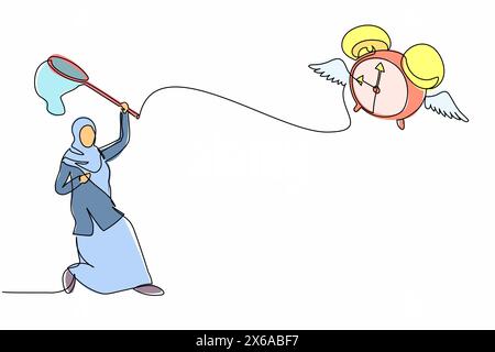 Simple une ligne dessinant une femme d'affaires arabe essayer d'attraper le réveil volant avec filet papillon. En retard au bureau parce que tu te réveilles tard. Continue Illustration de Vecteur