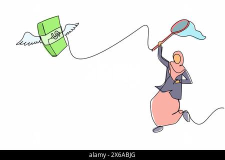 Une seule ligne continue dessinant malchanceuse femme d'affaires arabe essayer d'attraper la pile d'argent volant avec filet papillon. Perdre une opportunité commerciale ou de projet. Illustration de Vecteur