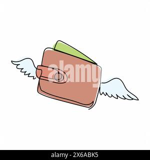 Portefeuille volant simple à une ligne dessinant avec des ailes. Perdre de l'argent, dépenser trop, faillite. Mascotte de logo de bourse ailée sur fond blanc. Continue moderne Illustration de Vecteur