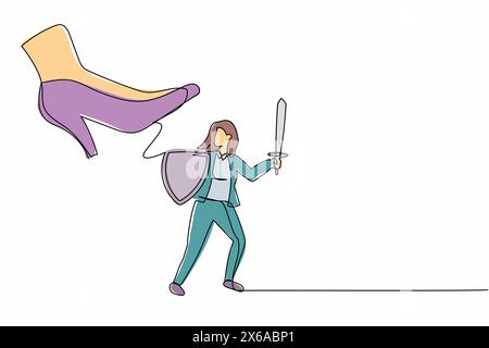 Simple une ligne dessinant jeune femme d'affaires combat au pied géant avec bouclier et épée. Employé de bureau contre patron gros coup de pied. Métaphore minimale. Co Illustration de Vecteur