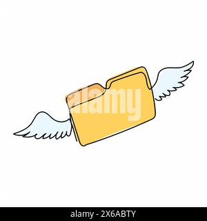 Classeur de documents volants à dessin en ligne continue unique avec ailes. Dossier de conception minimal avec des fichiers, symbole d'icône de papier. Concept de gestion de fichiers. Dynami Illustration de Vecteur
