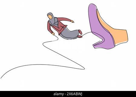 Une seule ligne continue dessinée a échoué femme d'affaires arabe se faisant virer, volant dans les airs après avoir reçu des coups de pied dans le dos. Concept de métaphore du minimalisme Illustration de Vecteur