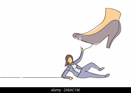 Ligne continue unique dessinant une petite femme d'affaires sous le pied géant. Un gros pied dans la chaussure va écraser l'employé. Concept de métaphore du minimalisme. Illustration de Vecteur