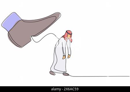 Simple une ligne dessinant triste homme d'affaires arabe qui s'en va avec une énorme chaussure de botte le frappant dehors. Directeur masculin licencié et expulsé concept. Conti Illustration de Vecteur