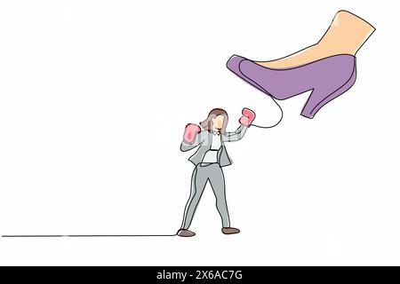 Ligne continue unique dessinant une femme d'affaires active poinçonnant uppercut sous une grosse foulée de pied. Manager contre autoritaire ou patron de colère. Minimalisme moi Illustration de Vecteur