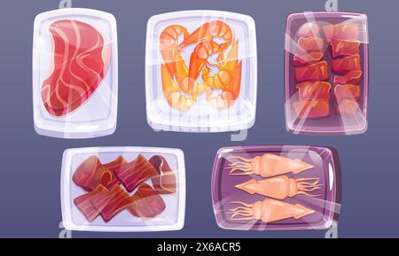 Produit de viande congelé dans le vecteur d'emballage alimentaire en plastique. Steak cru et poisson dans un sac en polyéthylène. Conteneur d'emballage de crevettes pour ensemble frigorifique de supermarché. Plateau d'emballage isolé pour congeler des articles d'épicerie Illustration de Vecteur