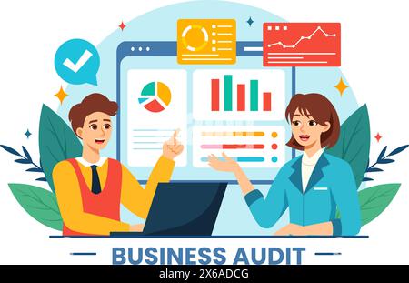 Documents d'audit d'entreprise illustration vectorielle avec graphiques, comptabilité, calculs et analyse de rapport financier dans fond de dessin animé plat Illustration de Vecteur