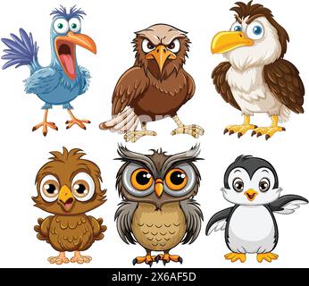 Cinq oiseaux de dessins animés différents montrant diverses expressions Illustration de Vecteur