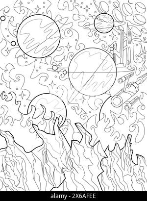 Illustration de page à colorier rétro Sci fi avec paysage spatial, planètes extraterrestres et surfaces extraterrestres, fond de concept de jeu de dessin animé au trait Illustration de Vecteur