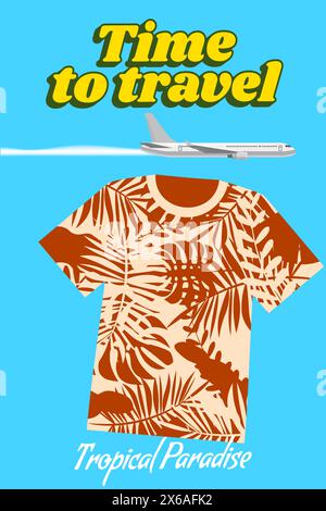 Temps de voyager T-shirt d'été et affiche de conception de vêtements rétro, avion, paumes Illustration de Vecteur