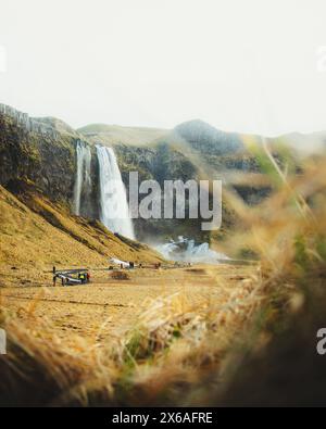 Vue panoramique cinématographique de groupes de touristes visitant marcher sur des sentiers par la belle cascade de Seljalandsfoss au printemps. Roulez en direction du sud Banque D'Images