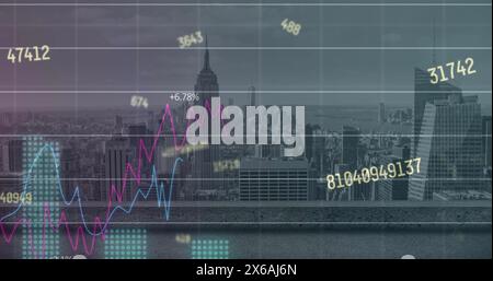 Image de l'évolution des chiffres et du traitement des données statistiques par rapport à la vue aérienne du paysage urbain Banque D'Images