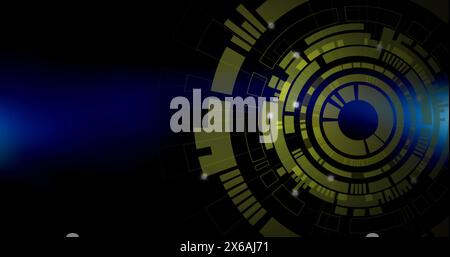 Image d'un scanner rond tournant, d'une carte du monde et d'un traitement des données sur fond noir Banque D'Images