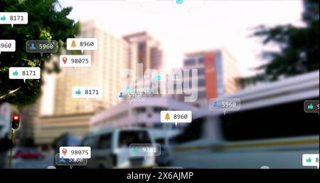 Image de plusieurs icônes de médias sociaux contre le time-lapse de la circulation urbaine Banque D'Images