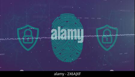 Image du scanner d'empreintes digitales biométrique et des icônes de cadenas de sécurité sur fond violet Banque D'Images