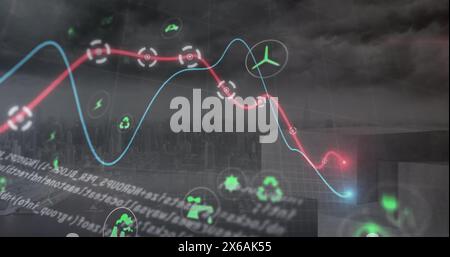 Image d'icônes numériques, de traitement des données et de graphiques lumineux contre la vue aérienne du paysage urbain Banque D'Images