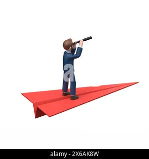 Illustration 3D de l'homme d'affaires américain barbu Bob avec un télescope dans sa main vole sur un plan de papier rouge.rendu 3D sur fond blanc Banque D'Images