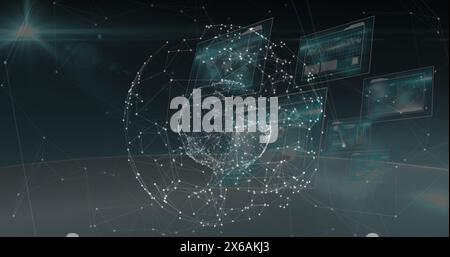 Image du traitement des données sur le globe et de l'horloge mobile sur fond noir Banque D'Images