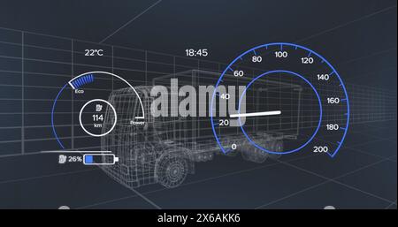 Image du modèle de voiture 3D et du compteur de vitesse sur fond sombre Banque D'Images