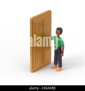 Illustration 3D du bel homme afro David frappe à la porte, une image isométrique.rendu 3D sur fond blanc Banque D'Images