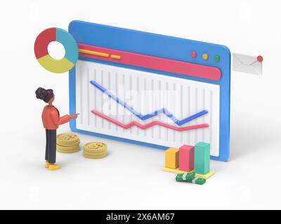 Illustration 3D de la femme afro-américaine Coco analysant les données financières et la planification de la stratégie d'investissement. Personnes examinant des graphiques, des diagrammes et des diagrammes Banque D'Images