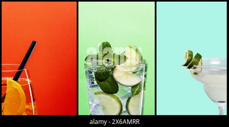 Collage de cocktails alcoolisés sur des fonds colorés. Vue rapprochée des verres spritz, mojito et margarita encadrés dans des fonds multicolores Banque D'Images