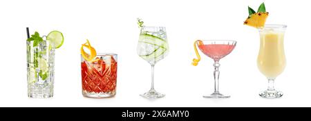 Ensemble de cocktails classiques isolés sur fond blanc. Bannière du menu des boissons. Banque D'Images