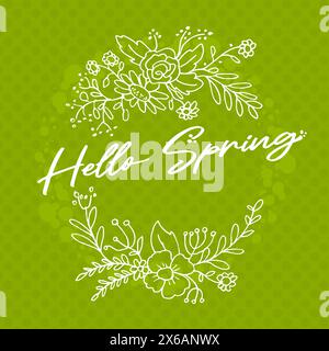 Fond vert pointillé avec des ornements de fleurs dessinés à la main et les mots bonjour printemps, illustration Banque D'Images